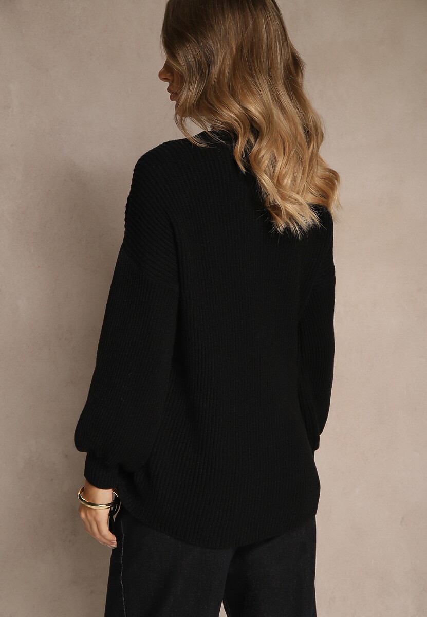 Czarny Sweter z Wiskozą o Prostym Kroju z Bocznym Ściągaczem Tivadella