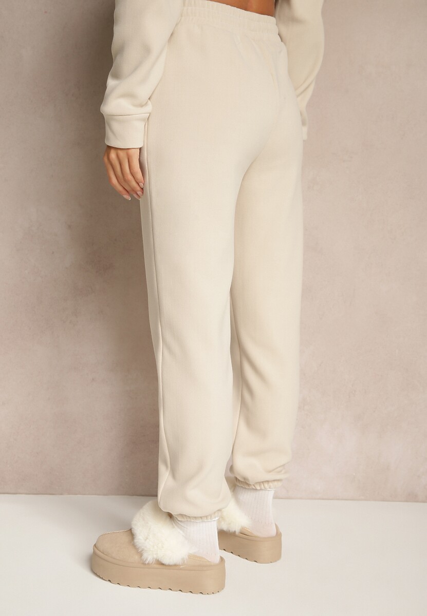 Beżowe Dresowe Spodnie z Bawełny z Ociepleniem Ozdobione Sznurkiem Citila
