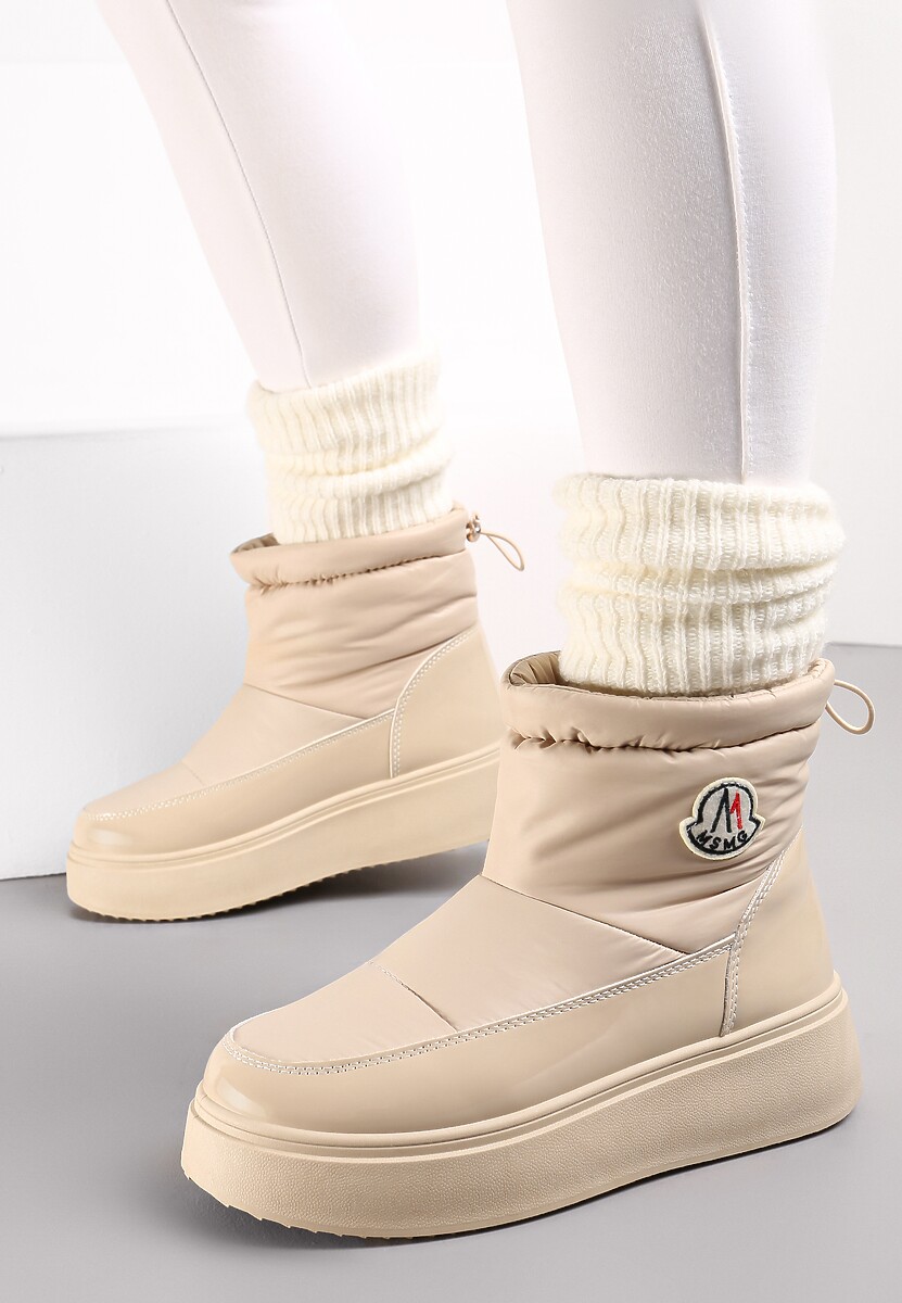 Beżowe Krótkie Śniegowce na Grubej Podeszwie ze Ściągaczem Mitta