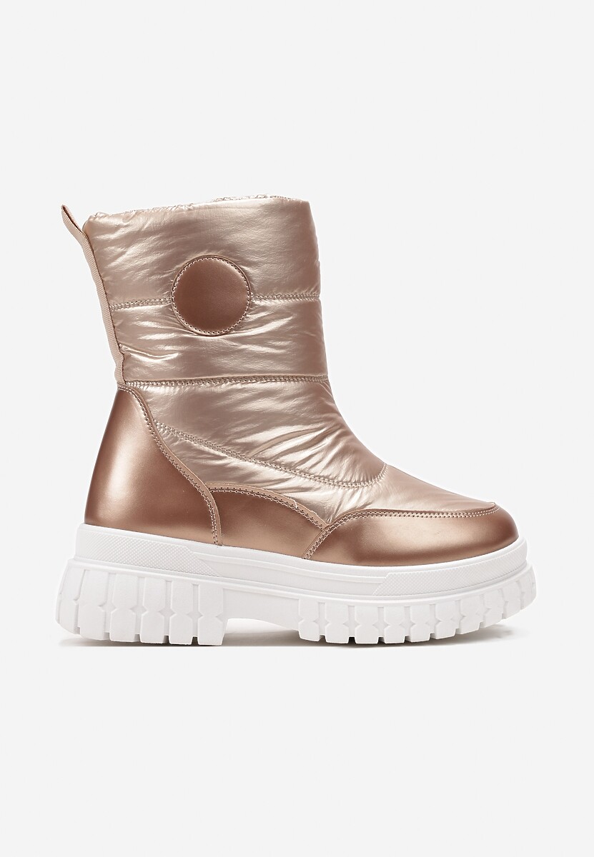 Szampańskie Pikowane Śniegowce za Kostkę z Metalicznym Połyskiem i Naszywką Kinicro