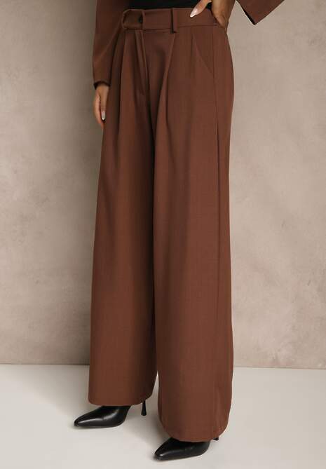 Brązowy Komplet Garniturowy Oversize Marynarka Dwurzędowa i Spodnie Wide Leg Tevilna