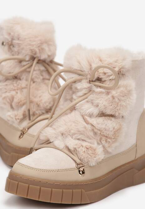 Beżowe Mocno Ocieplone Śniegowce z Futerkiem Wzdłuż Wiązania  Avivina