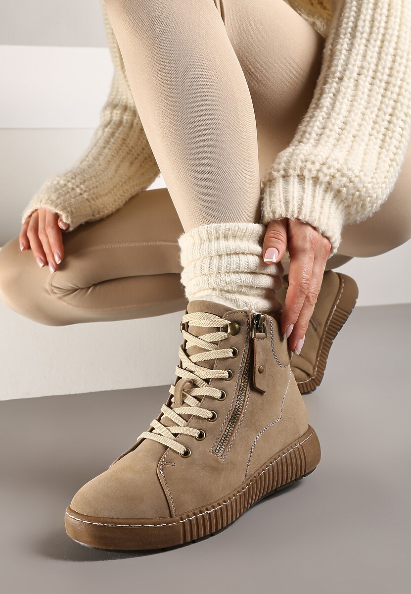 Ciemnobeżowe Traperki Sportowe ze Sznurowaniem i Ociepleniem Persetina