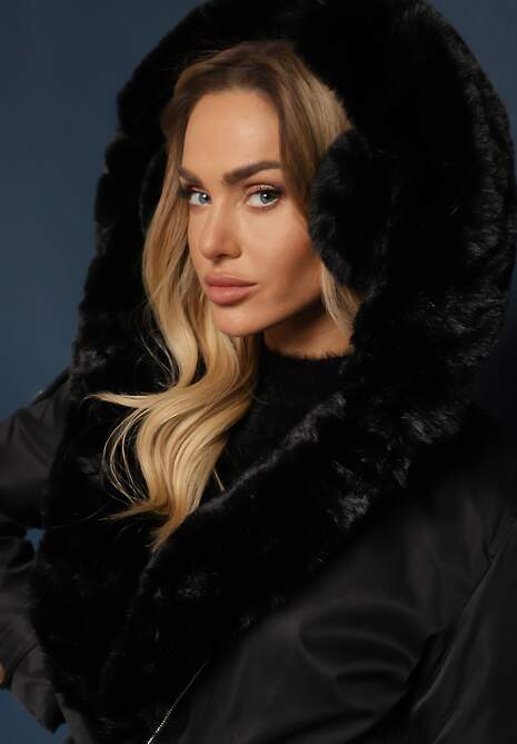 Czarna Długa Kurtka Parka Nylonowa Płaszcz z Futrzanymi Wstawkami Rinale