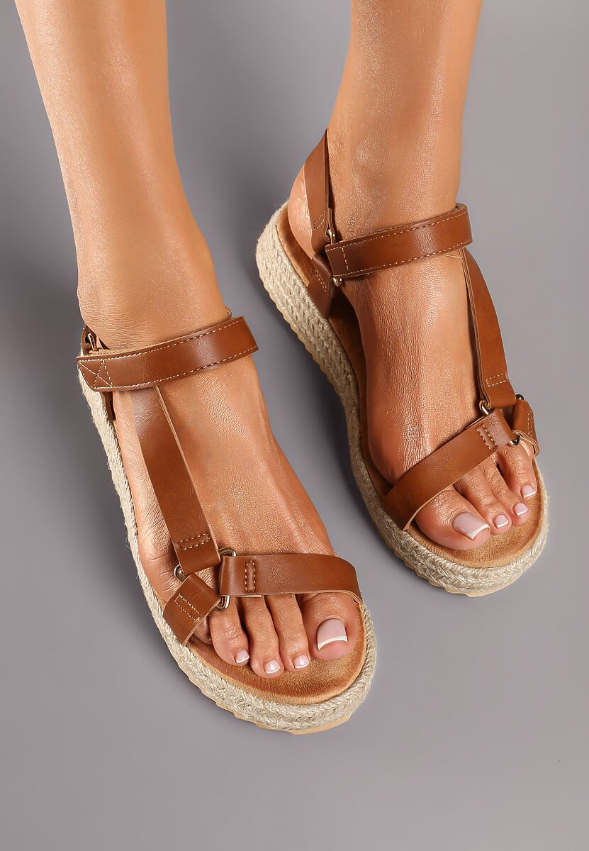 Brązowe Sandały Zapinane na Rzep na Grubej Podeszwie z Plecionki Elnadia