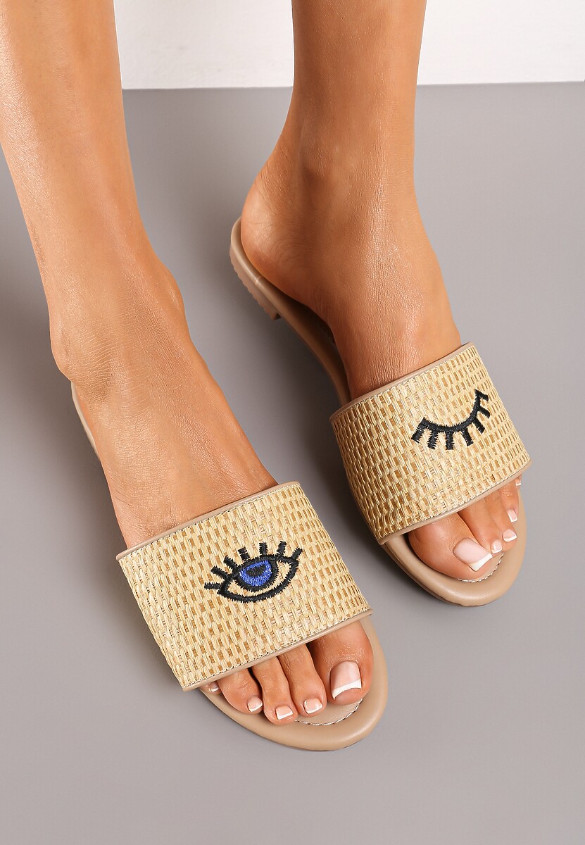 Ciemnobeżowe Klapki Ozdobione Haftem w Kształcie Oczu i Plecionką Naruka