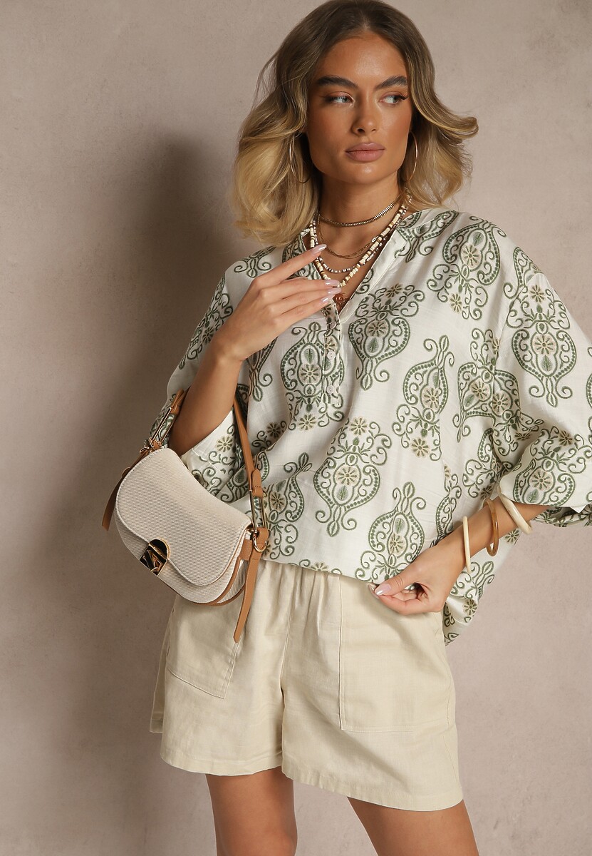 Biało-Zielona Koszula z Wiskozą Ozdobiona Geometrycznym Motywem Tanarola