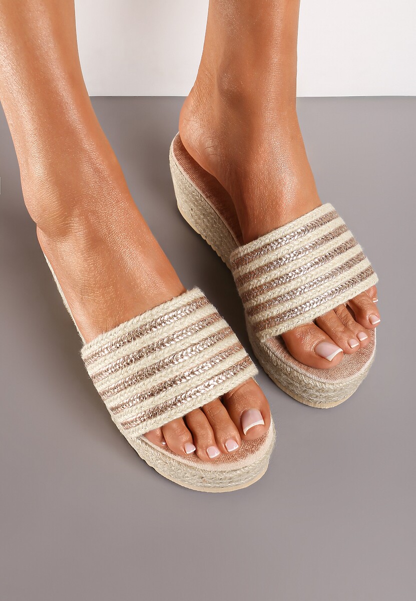 Szampańskie Klapki z Wyściółką z Ekozamszu na Koturnie Ozdobionym Plecionką  Fitesa