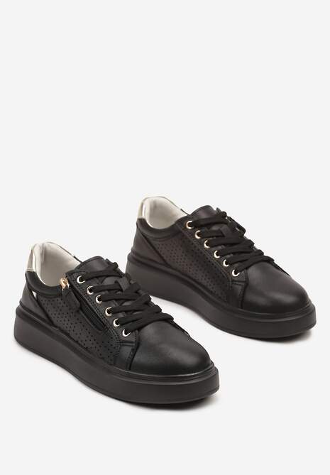 Czarne Sneakersy ze Skóry Naturalnej ze Skórzaną Wkładką i Perforacją Falothra