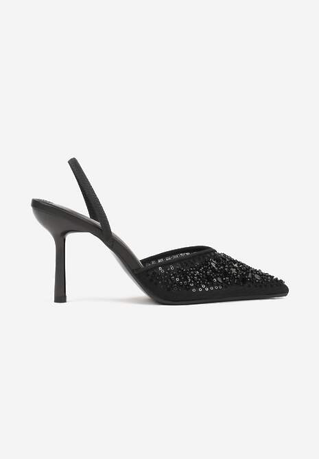Czarne Szpilki Slingback Zdobione Perełkami i Cekinami Irifera