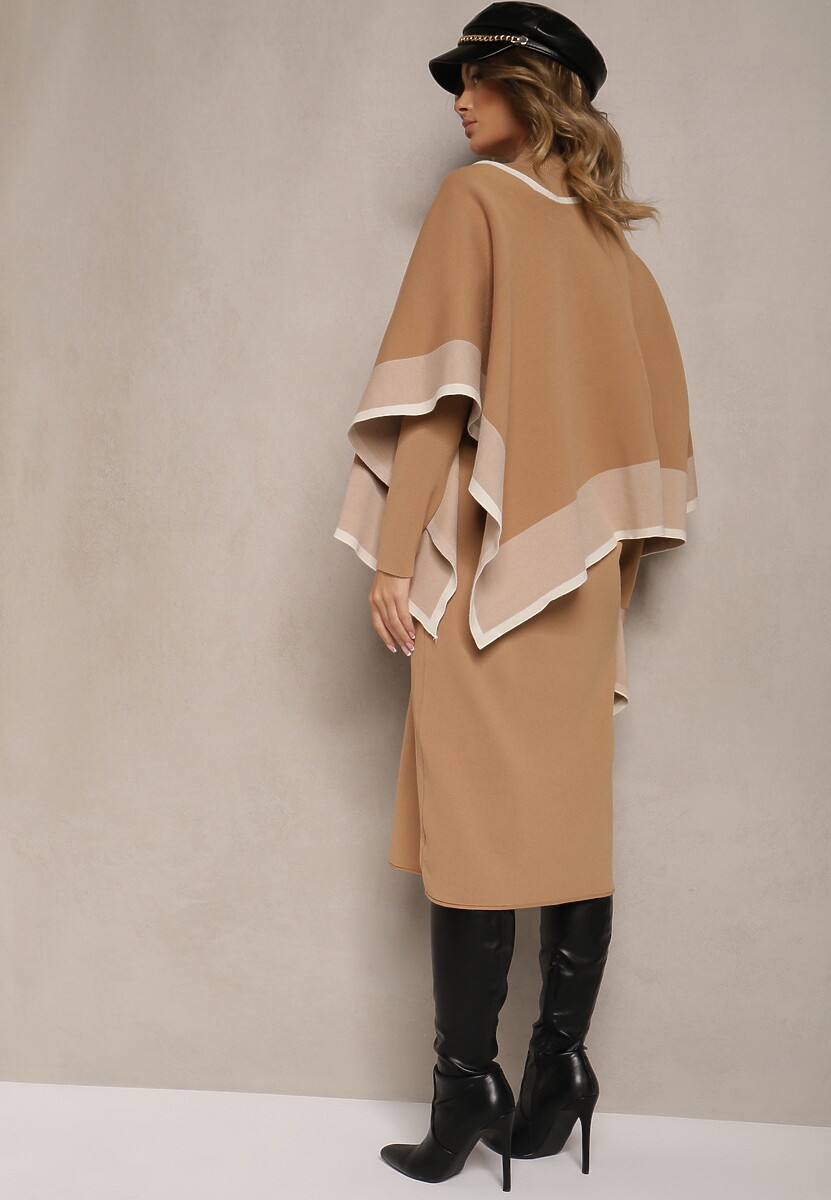 Beżowy Komplet z Dzianiny z Wiskozy Sukienka i Narzutka Ilandriel