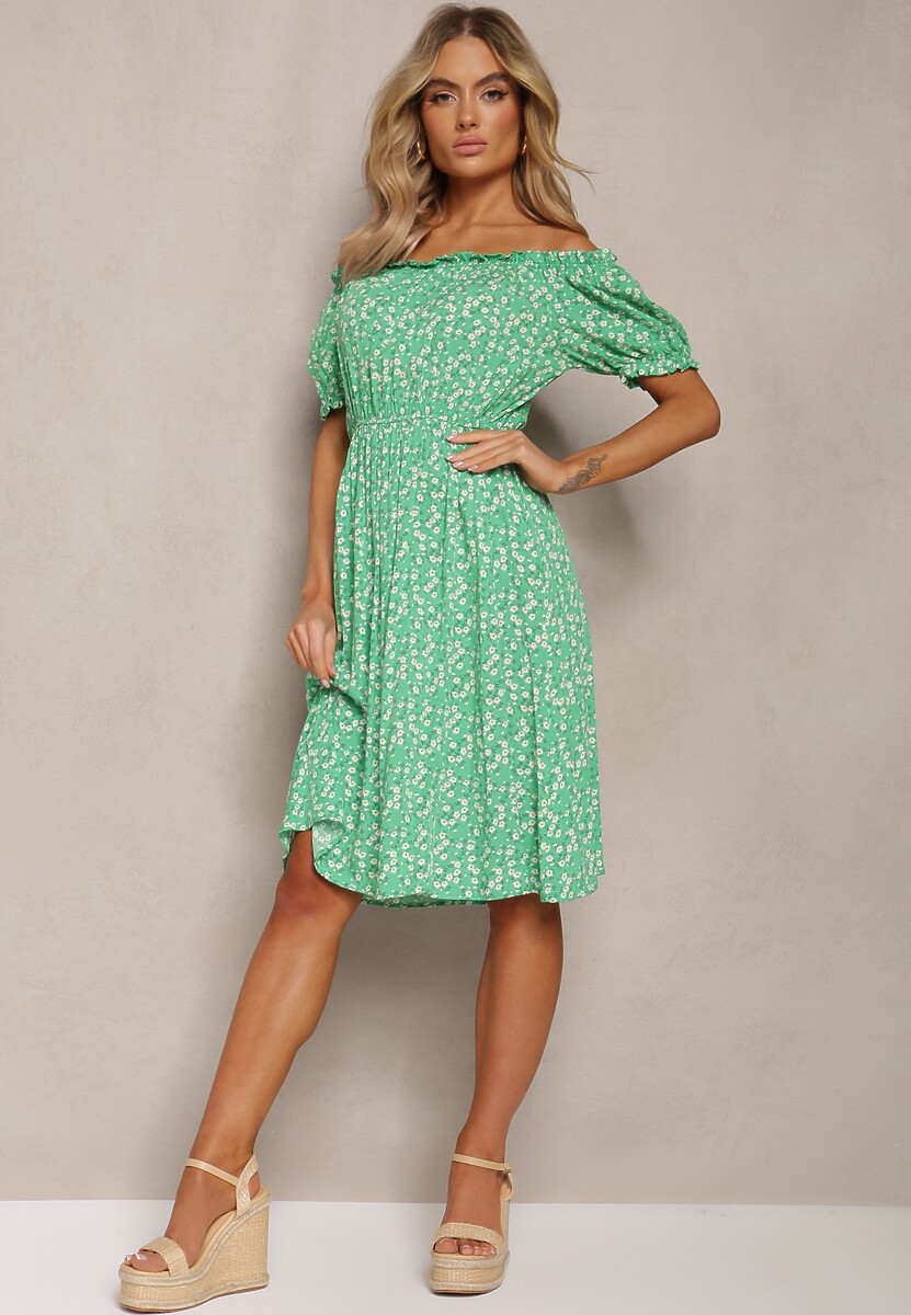 Zielona Wiskozowa Sukienka Midi w Kwiatowy Wzór z Hiszpańskim Dekoltem Agirala