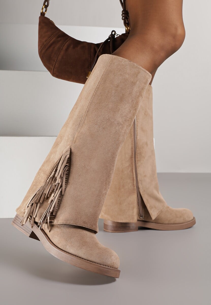 Brązowe Kozaki Ozdobione Frędzlami i Wywiniętą Cholewką Reilevia