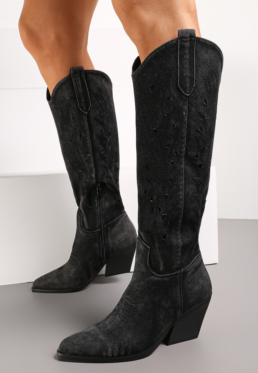 Czarne Ażurowe Kozaki Kowbojki na Ściętym Słupku Membris