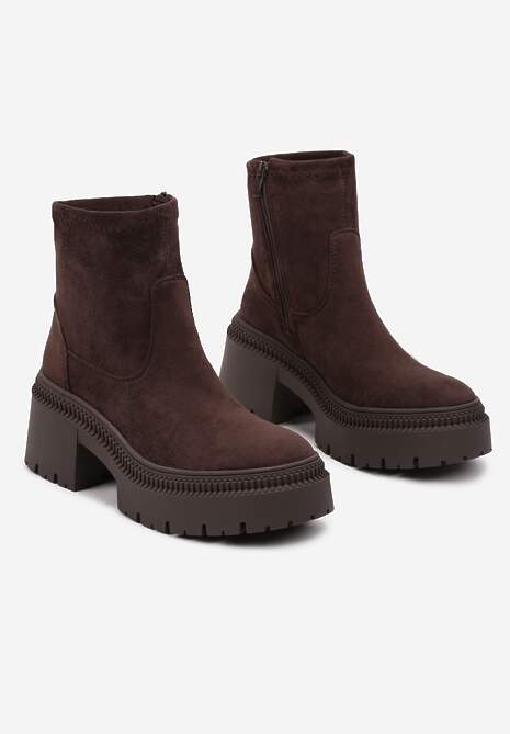 Brązowe Botki Sztyblety na Słupku z Dopasowaną Cholewką Hesliara