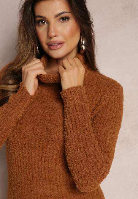 Brązowa Sweterkowa Sukienka Mini w Prążki z Wełną Klonxe