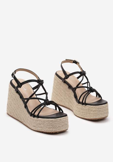 Czarne Sandały na Plecionym Koturnie z Platformą z Cienkimi Rzemykami Effina