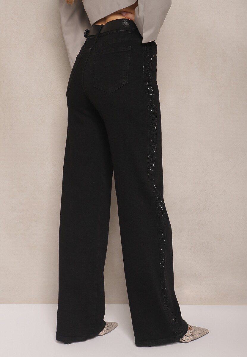 Czarne Szerokie Jeansy High Waist z Cyrkoniowym Zdobieniem Nusamira
