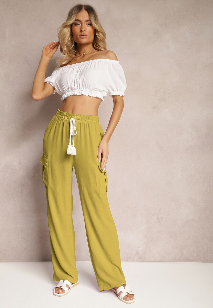 Jasnozielone Spodnie Palazzo z Szerokimi Nogawkami z Gumką w Talii i Kieszeniami z Klapami Weva