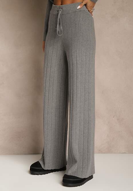 Szary Komplet Dzianinowy Spodnie o Szerokim Kroju i Sweter Półgolf Datusa