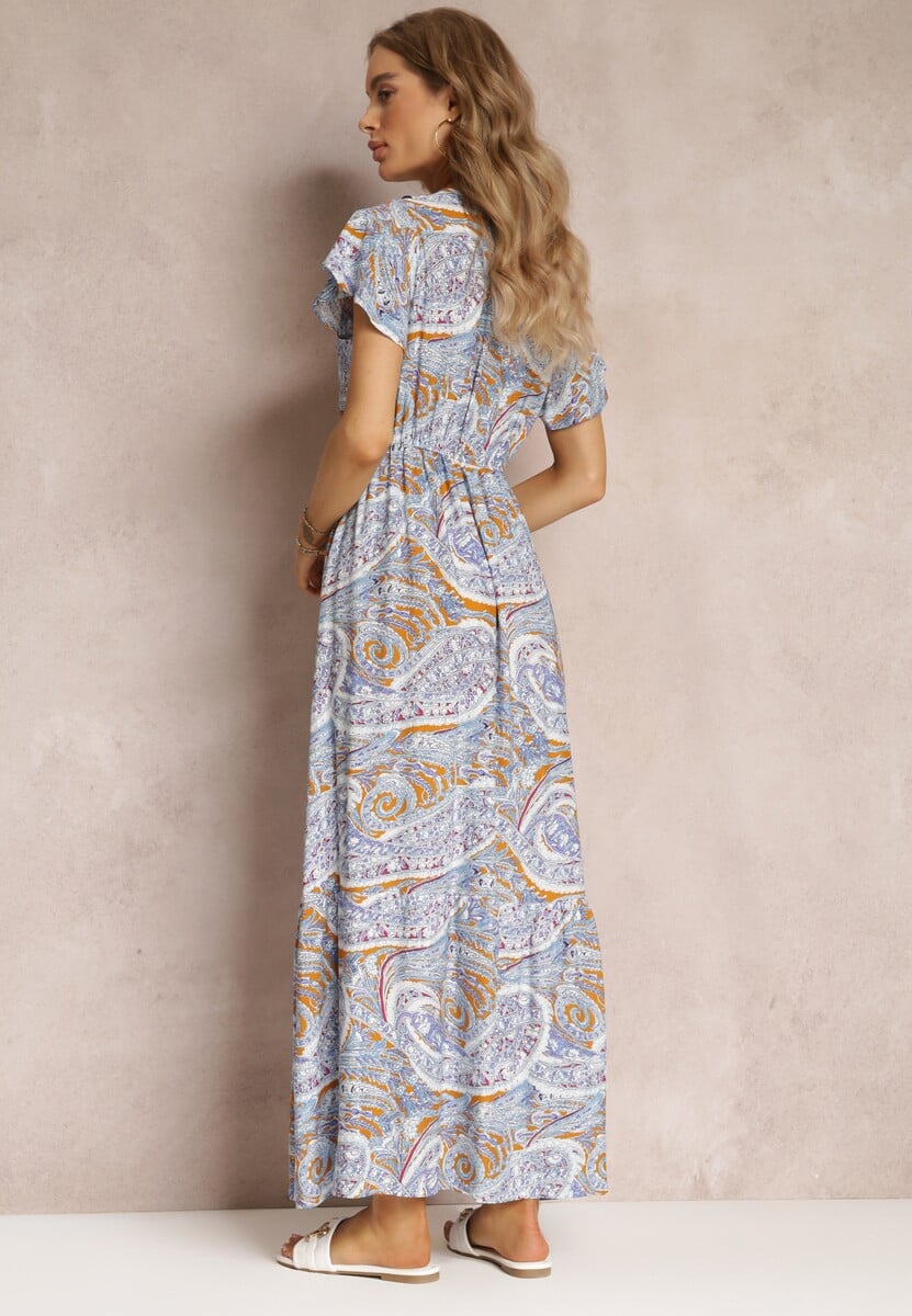 Niebieska Wiskozowa Sukienka z Gumką w Pasie i Kopertowym Dekoltem  Asima