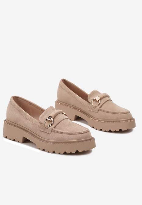 Ciemnobeżowe Mokasyny z Cyrkoniami Wokół Podeszwy i Klamrą Rolanissa