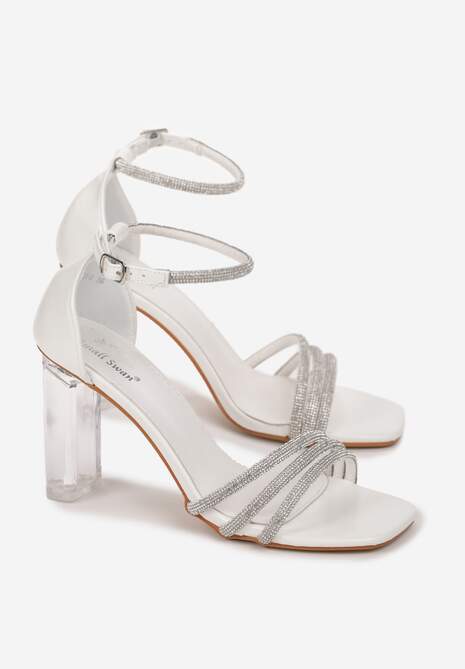 Białe Sandały z Cyrkoniami na Transparentnym Słupku Larmela