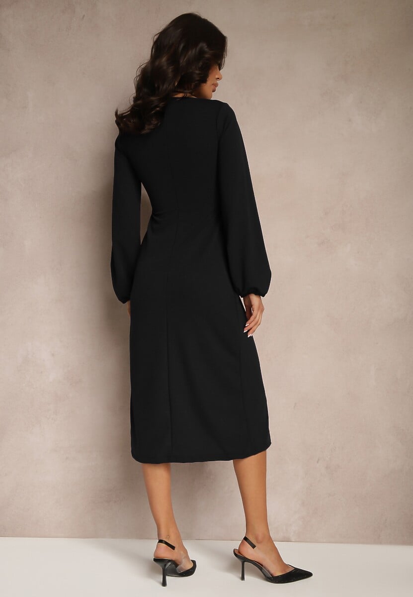 Czarna Sukienka Koktajlowa z Kwadratowym Dekoltem i Kopertowym Dołem Felinala