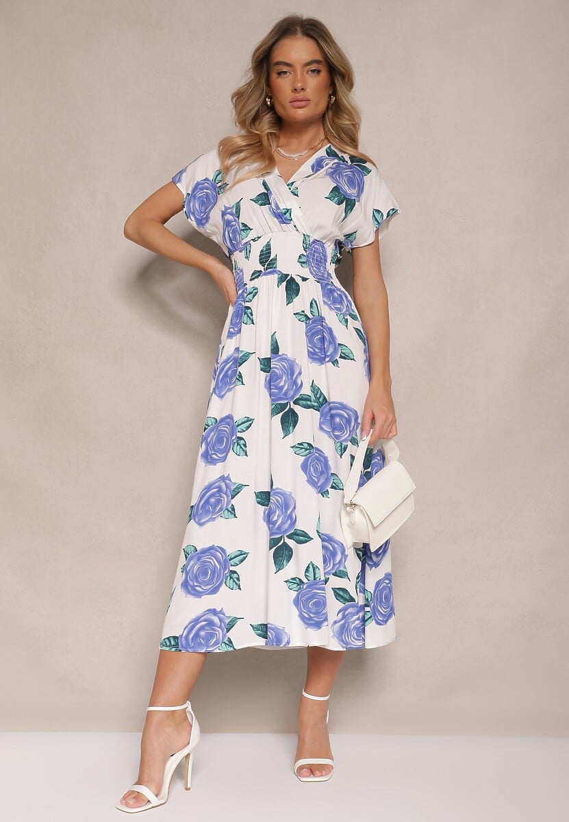 Niebiesko-Biała Kwiatowa Sukienka z Bawełną i Kopertowym Dekoltem Tdivaria
