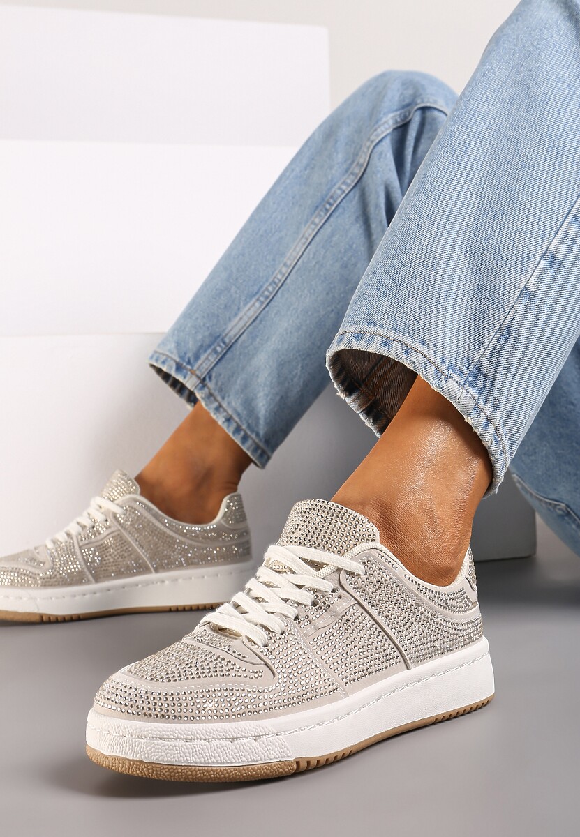 Szare Sneakersy na Płaskiej Podeszwie Wykończone Cyrkoniami Vlisina