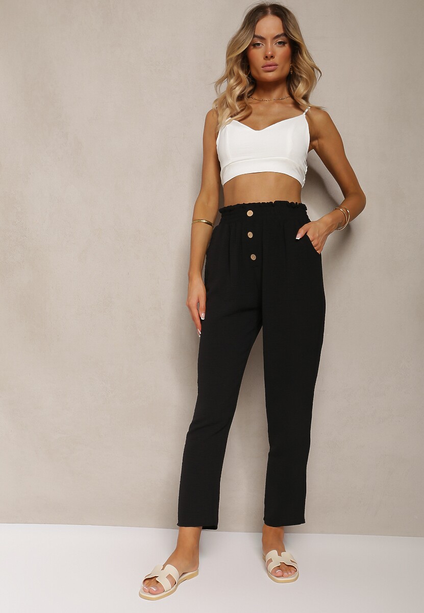 Czarne Spodnie Typu Paper Bag High Waist z Gumką w Talii Salvavia