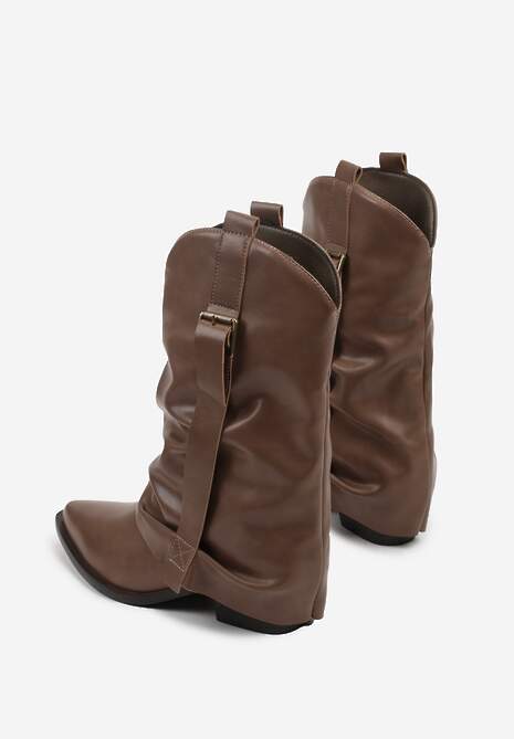 Brązowe Botki Kowbojki z Wywiniętą Cholewką z Marszczeniem Ilova