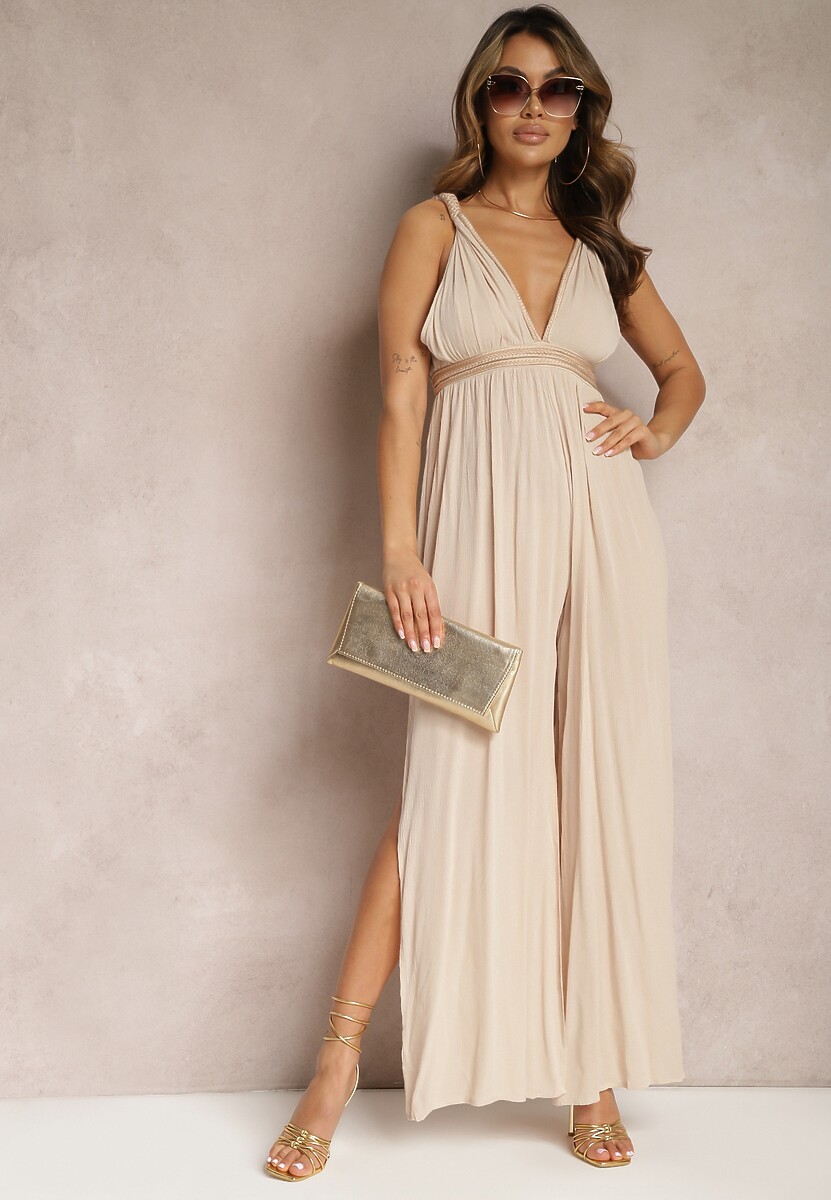 Beżowy Kombinezon z Lnu i Wiskozy z Głębokim Dekoltem i Szerokimi Nogawkami Avria