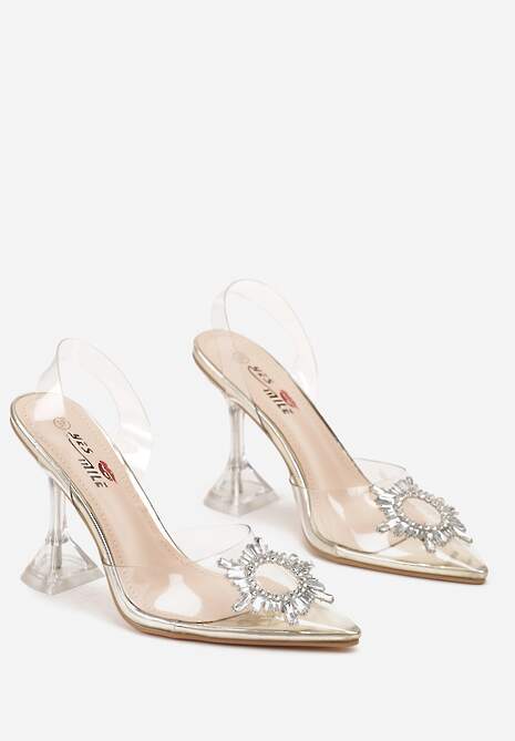 Złote Sandały Transparentne z Cyrkoniami i Obcasem w Typie Klepsydry Vlekoria