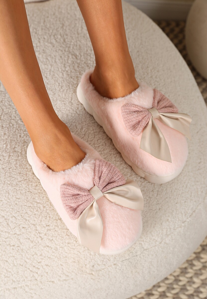 Różowe Kapcie z Dużą Kokardą i Futerkiem Naonelle