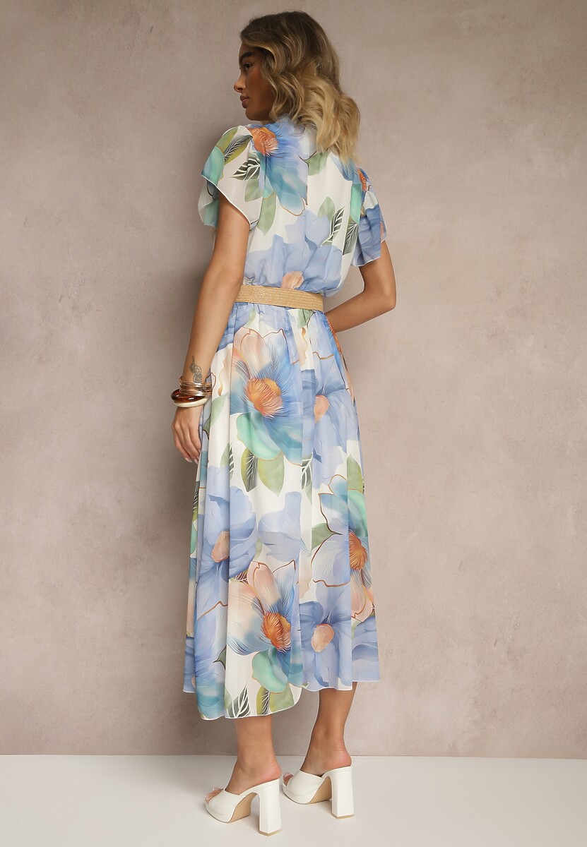 Jasnoniebieska Rozkloszowana Sukienka Zdobiona Wiązaniem i Paskiem z Klamrą Sorisse