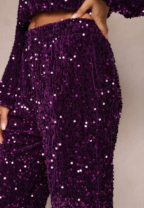 Fioletowe Szerokie Spodnie w Cekiny z Welurowej Tkaniny Naress