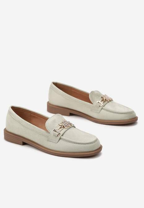 Zielone Mokasyny z Imitacji Zamszu Ozdobione Metaliczną Klamrą i Cyrkoniami Leoxa