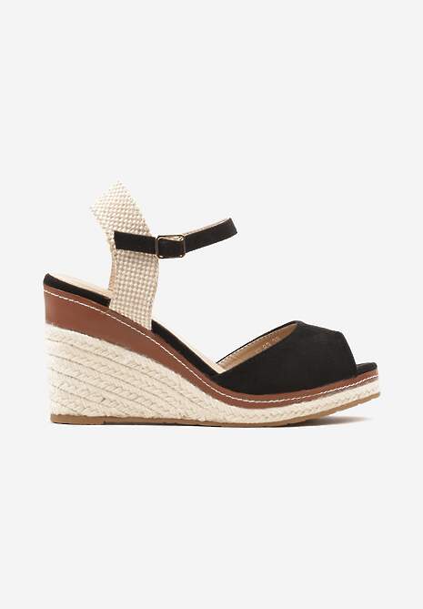 Czarne Sandały na Koturnie Ozdobionym Plecionką z Juty Admerla