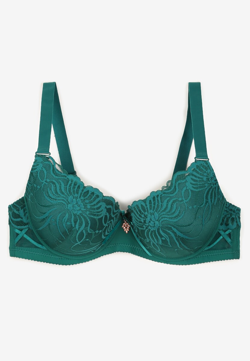 Ciemnozielony Koronkowy Biustonosz o Kroju Full Cup z Ozdobną Kokardką Doriri