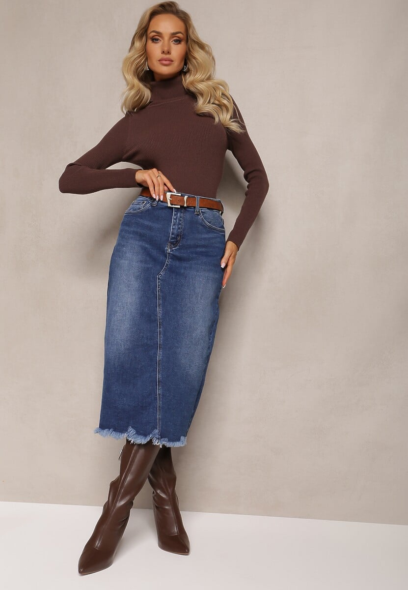 Niebieska Jeansowa Spódnica Midi z Paskiem i Ozdobnym Rozcięciem Amaias