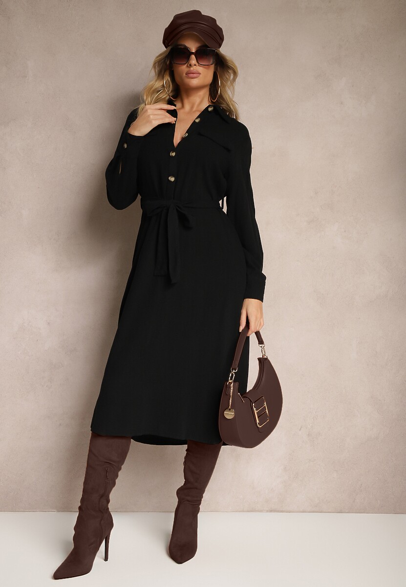 Czarna Sukienka z Bawełny o Koszulowym Kroju Wiązana w Talii Zinrose