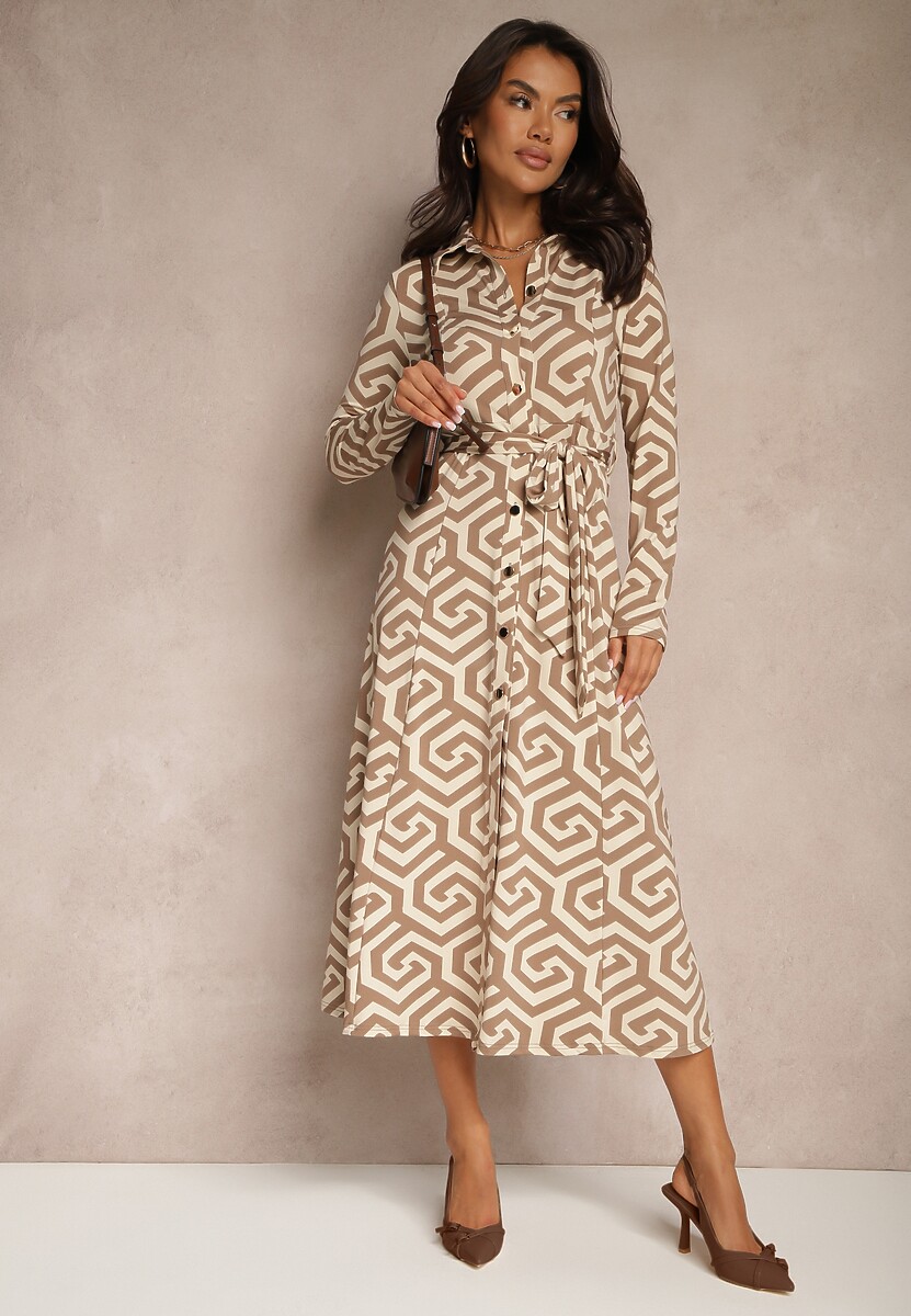 Beżowa Sukienka Koszulowa z Wiskozą w Geometryczny Wzór z Paskiem Erisviria