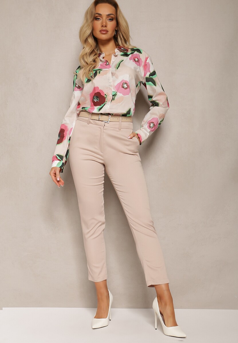 Beżowe Spodnie o Fasonie Cygaretek High Waist Orangia