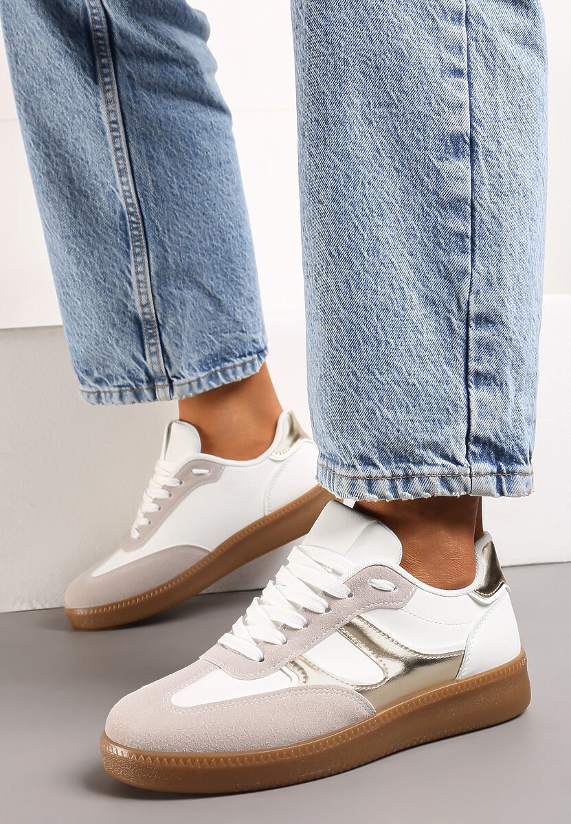 Biało-Srebrne Sneakersy w Stylu Kultowych Tenisówek z Kauczukową Podeszwą Poseiama