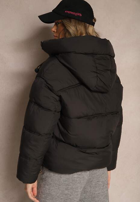 Czarna Pikowana Kurtka z Kapturem ściągaczami i Troczkami Hedidra