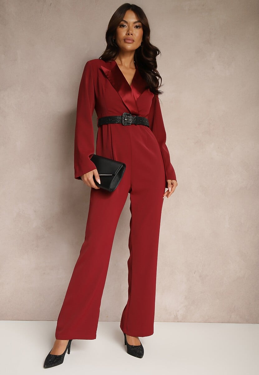 Bordowy Taliowany Kombinezon w Eleganckim Stylu z Szerokimi Nogawkami Etallina