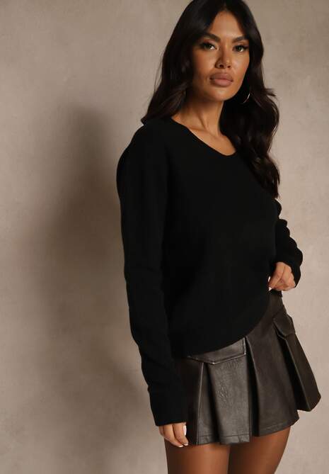 Czarny Sweter z Wełną i Wiskozą z Trójkątnym Dekoltem Kaitte