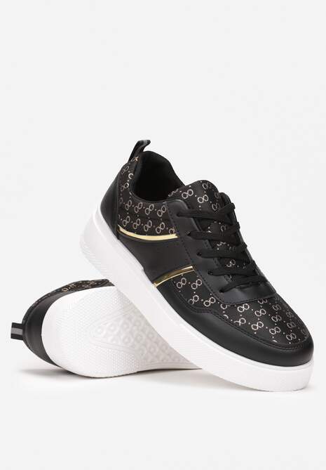 Czarne Sneakersy na Grubej Podeszwie z Wzorzystą Cholewką z Błyszczącą Nitką Jaile