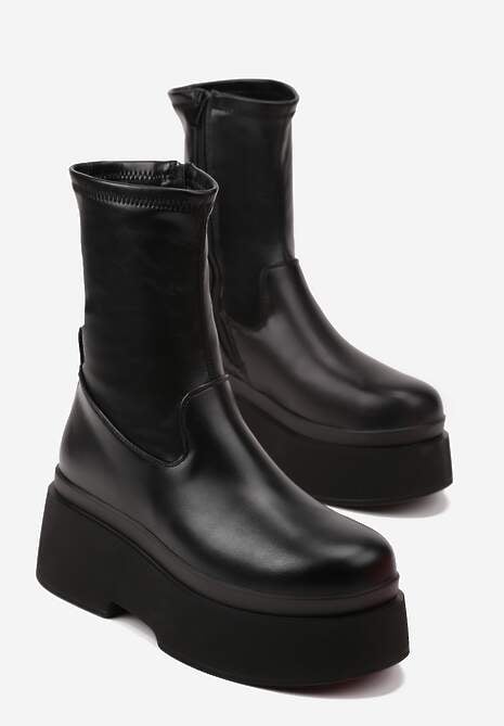 Czarne Botki na Platformie z Dopasowaną Cholewką Elloma